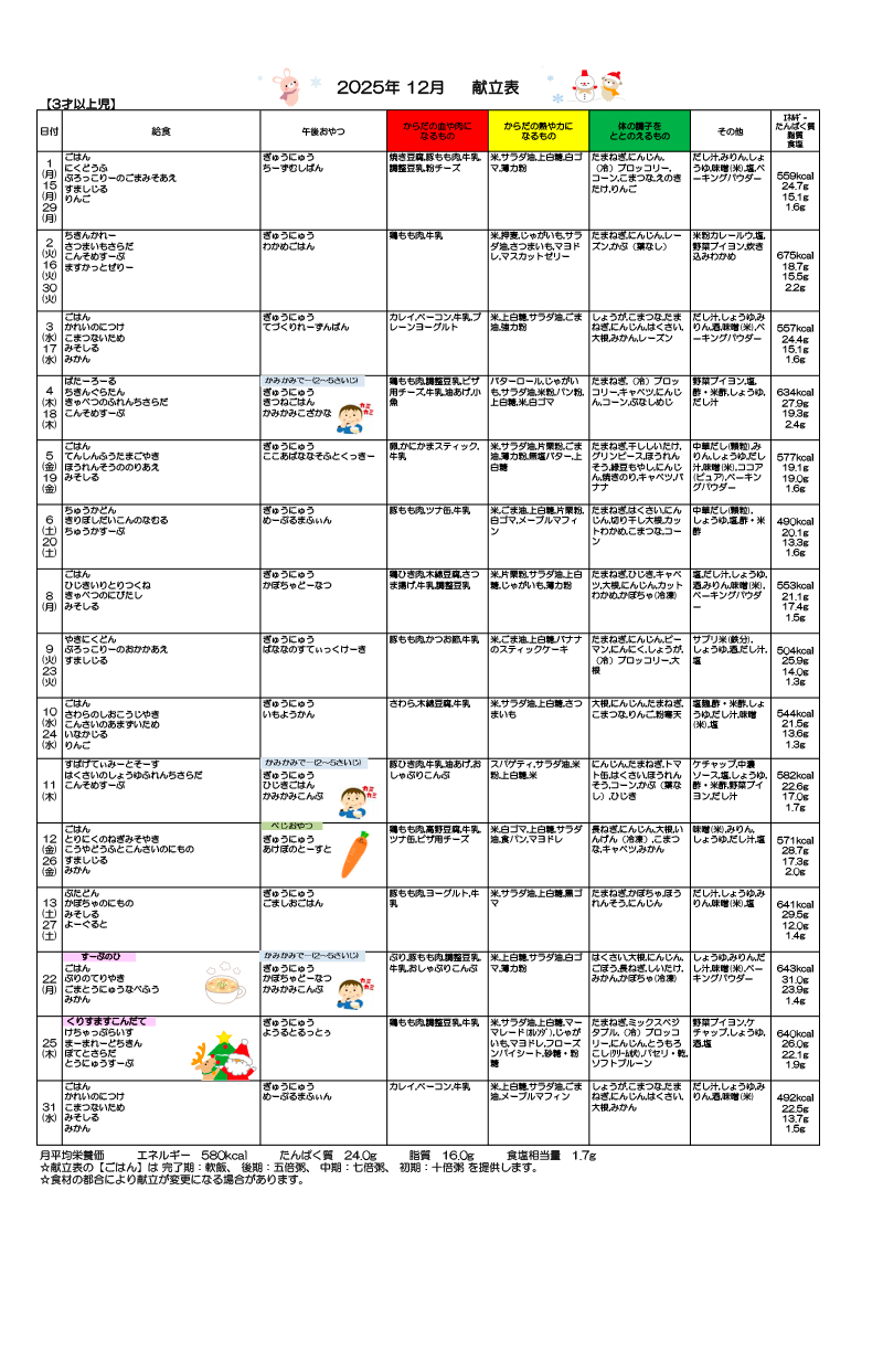 給食献立表 乳幼児